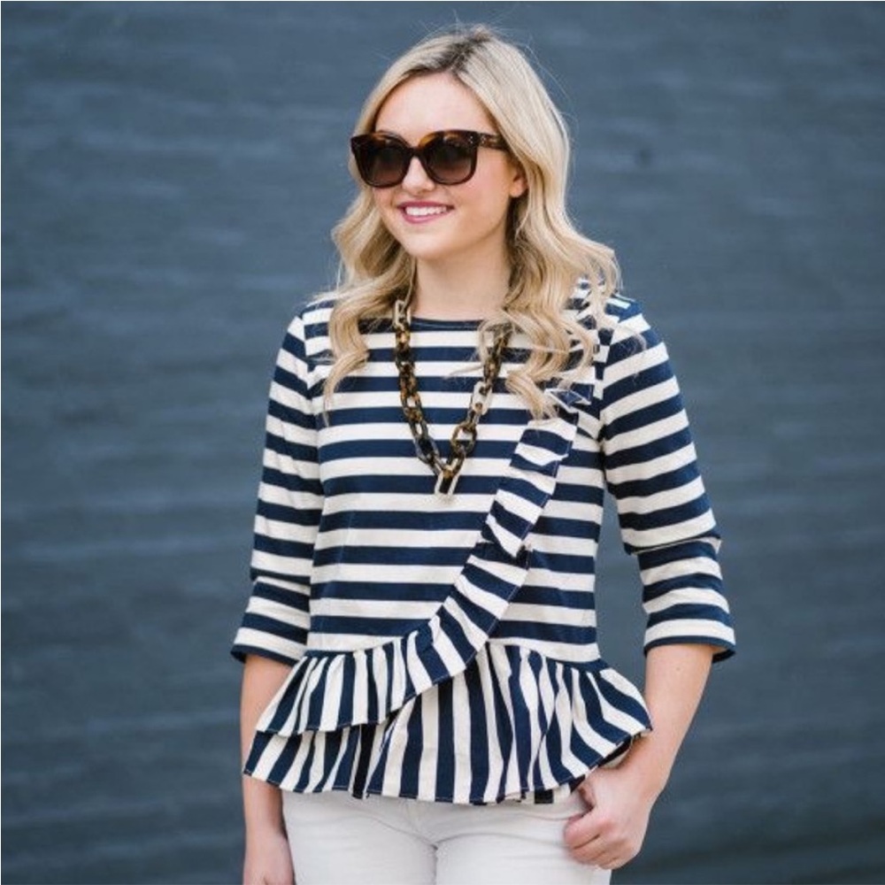 J. Crew  Blue White Asymmetrical Ruffle Striped Peplum Top Navy Nautical size L